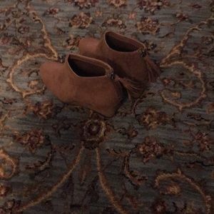 Suede Chestnut low wedge boots.